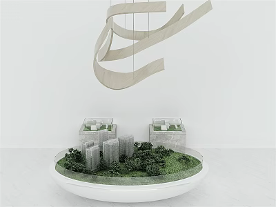 Modern Commercial Equipment With Circular Base Green Grass Building Models And Hanging Abstract Structures 3d model