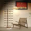 Woven Floor Lamp Lights Up Room With Rattan Chair And Wall Art
