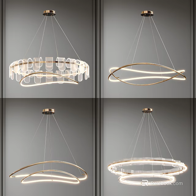 Modern Chandelier Lighting Designs With Circular Curved Metal Frames And Glass Elements 3d model