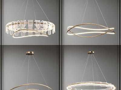 Modern Chandelier Lighting Designs With Circular Curved Metal Frames And Glass Elements 3d model