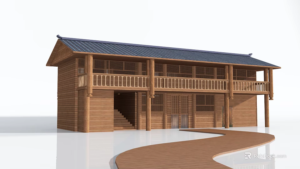 Traditional Wooden Guesthouse Architecture With Classic Roof Second Floor Balcony And Wooden Pathway 3d model 