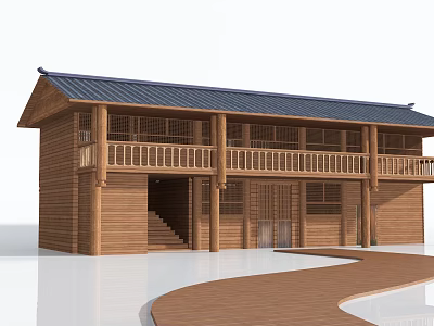 Traditional Wooden Guesthouse Architecture With Classic Roof Second Floor Balcony And Wooden Pathway 3d model