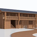 Traditional Wooden Guesthouse Architecture With Classic Roof Second Floor Balcony And Wooden Pathway