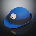 Elegant Classic Blue Hat With Black Band And Decorative Emblem Detail