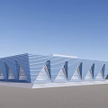 Modern Blue Architectural Building With Geometric Triangle Design And Clear Blue Sky 3d model