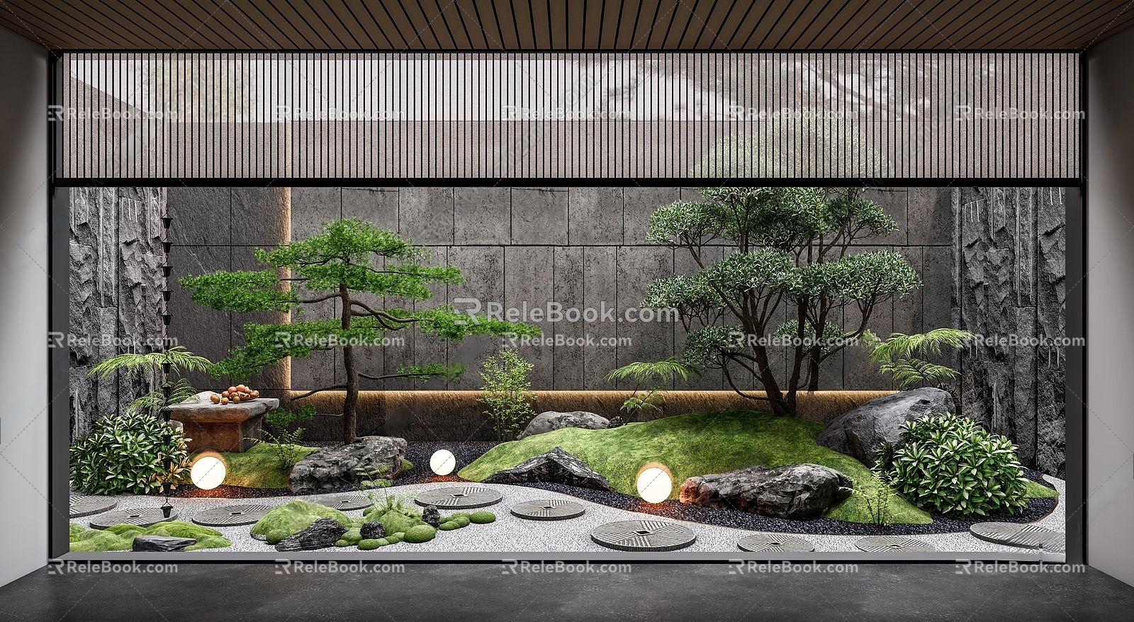 Patio landscape landscaping garden courtyard landscape rockery green plant floor lights pebbles model