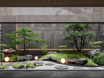 Patio landscape landscaping garden courtyard landscape rockery green plant floor lights pebbles 3d model