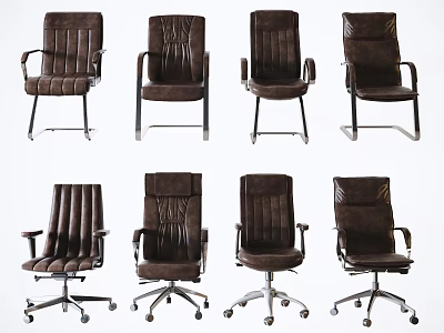 Brown Office Chairs With Various Styles Armrests Rolling Wheels And Different Bases 3d model