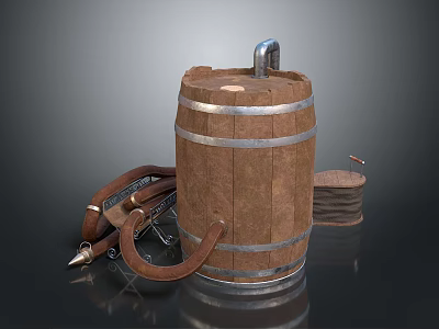 Vintage Decorative Ornament Set With Wooden Barrel Leather Straps Metal Accents And Coiled Rope 3d model