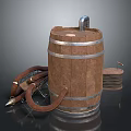 Vintage Decorative Ornament Set With Wooden Barrel Leather Straps Metal Accents And Coiled Rope