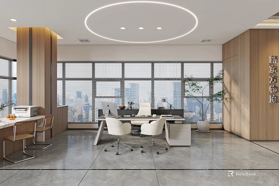Modern Office Interior With Large Windows City View Wooden Furniture And Desk Chairs 3d model 
