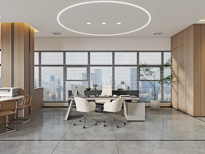 Modern Office Interior With Large Windows City View Wooden Furniture And Desk Chairs 3d model