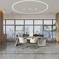 Modern Office Interior With Large Windows City View Wooden Furniture And Desk Chairs