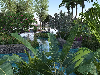 Stunning Tropical Resort Garden Landscape With Tranquil Blue Water And Various Lush Vibrant Green Plants 3d model