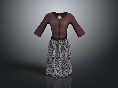 Elegant Brown Top Dress With Three Quarter Sleeves Decorative Neckline And Lace Patterned Skirt 3d model