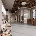 Modern Hotel Lobby Interior With Wooden Ceiling Green Plants And Art Sculpture