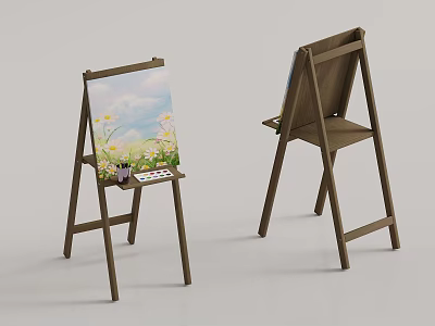Wooden Art Easels With Canvas Painting Paints Brushes And Artist Supplies 3d model