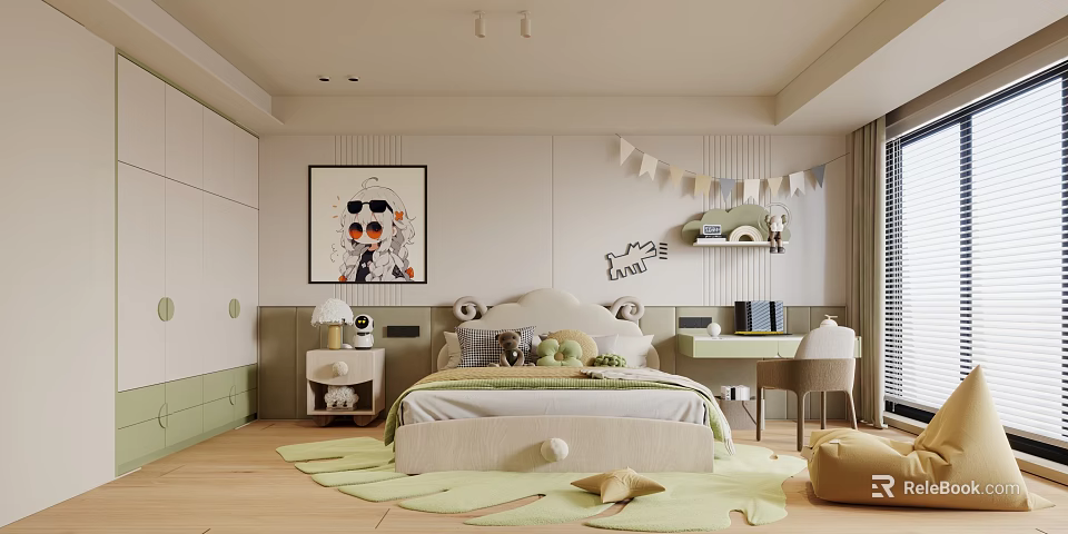 Adorable Kids Room Interior With Soft Green Rug Bed Desk And Wall Art Decor 3d model 