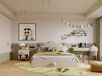 Adorable Kids Room Interior With Soft Green Rug Bed Desk And Wall Art Decor 3d model