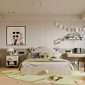 Adorable Kids Room Interior With Soft Green Rug Bed Desk And Wall Art Decor
