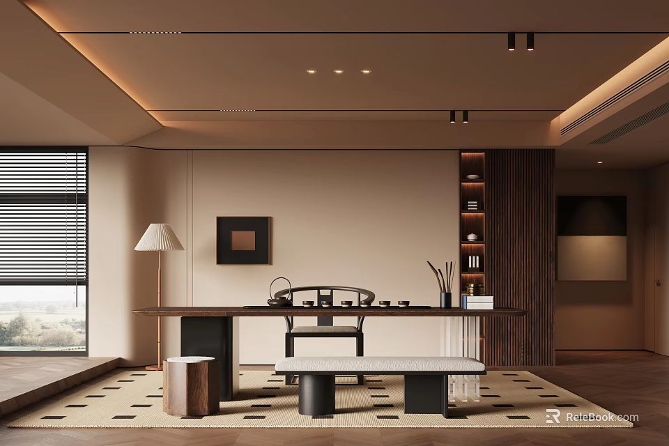 Modern Tea Room Interior With Wooden Tea Table Cozy Seating And Decorative Plants 3d model 