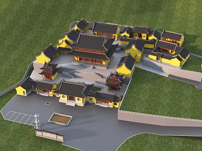 Ancient Chinese Architecture Aerial View With Yellow Buildings Black Roofs And Green Lawn 3d model