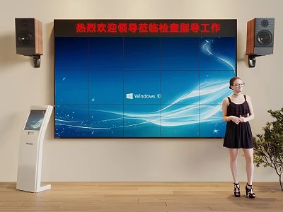 Woman Standing By Large Screen With Windows 8 Interface Touchscreen Kiosk Speakers And Welcome Sign 3d model