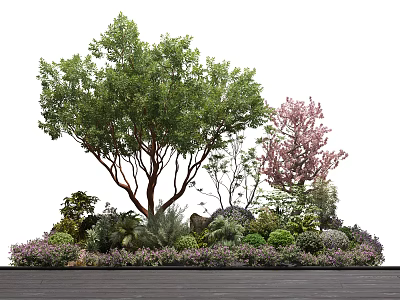 Green Leafy Arbor With Red Trunk Surrounded By Pink Flowering Tree Shrubs And Rocks 3d model