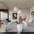 Modern Living Room Interior Design with Beige Sofa Light Gray Rug and White Pendant Lights