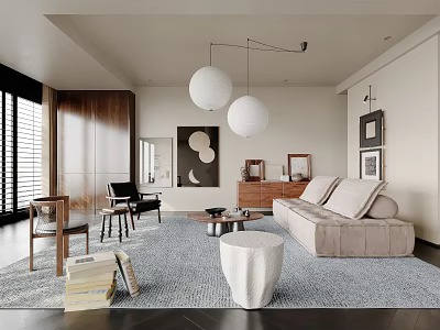 Modern Living Room Interior Design with Beige Sofa Light Gray Rug and White Pendant Lights 3d model
