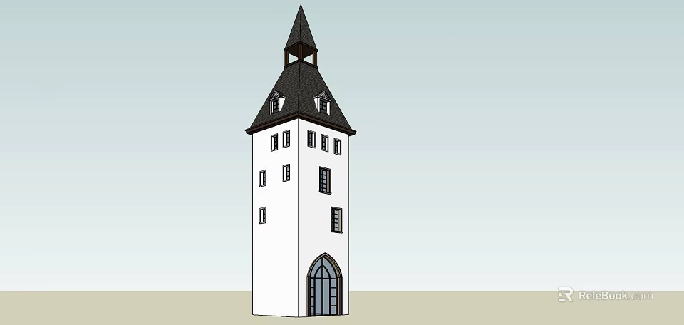 Traditional White Tower Featuring Black Pointed Roof Arched Doorway And Windows 3d model 
