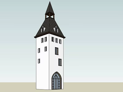Traditional White Tower Featuring Black Pointed Roof Arched Doorway And Windows 3d model