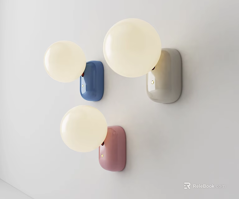 Modern Wall Lamps With Blue Gray Pink Bases And White Spherical Shades 3d model
