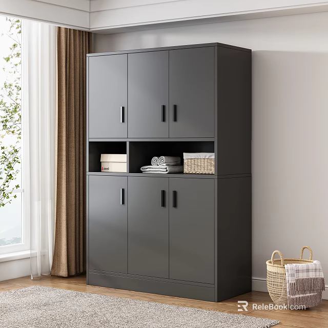 Gray Wardrobe With Multiple Compartments Double Doors And Storage Baskets In Room Interior 3d model 