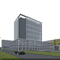 Modern Office Building With Glass Curtain Walls Green Lawn Trees And Blue Sky