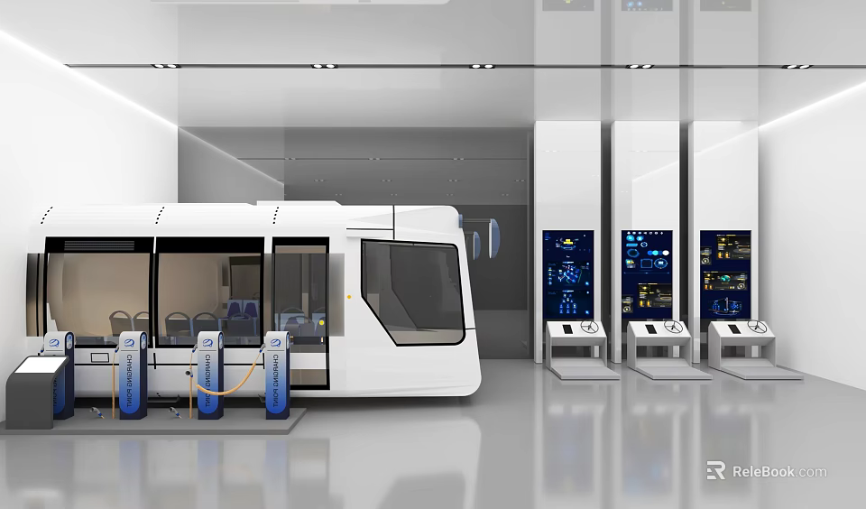 Modern Exhibition Hall Featuring White Train Model Display Stands Screens Smooth Floor And Ceiling Lighting 3d model 