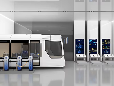Modern Exhibition Hall Featuring White Train Model Display Stands Screens Smooth Floor And Ceiling Lighting 3d model