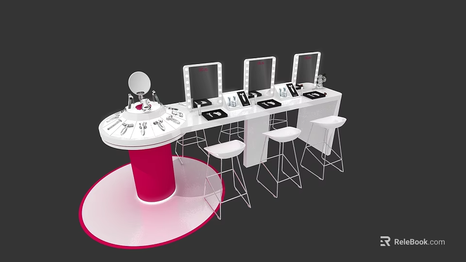 Window Display Decoration With Pink White Dressing Table Mirrors Stools And Cosmetic Items 3d model 