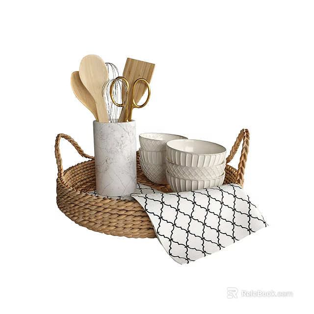 Stylish Dinnerware Set With Wicker Basket White Patterned Container Wooden Utensils Bowls And Checkered Cloth 3d model 