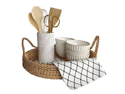 Stylish Dinnerware Set With Wicker Basket White Patterned Container Wooden Utensils Bowls And Checkered Cloth 3d model
