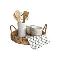 Stylish Dinnerware Set With Wicker Basket White Patterned Container Wooden Utensils Bowls And Checkered Cloth