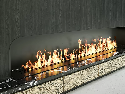 Modern Fireplace With Black Wood Panel And Burning Flames On Marble Hearth And Patterned Cabinets 3d model