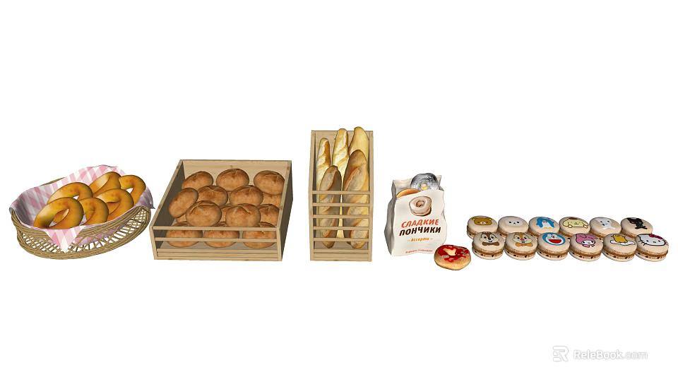 Delicious Assorted Bakery Foods With Fresh Fruits Bread Baguettes Coffee And Donuts 3d model 