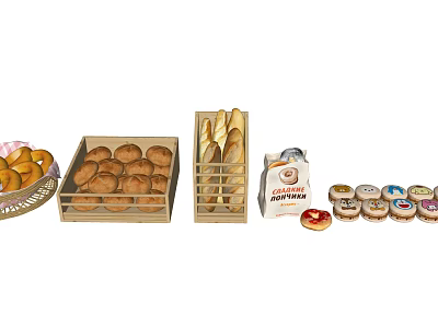 Delicious Assorted Bakery Foods With Fresh Fruits Bread Baguettes Coffee And Donuts 3d model