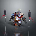 Armored Bear Warrior Creature With Spears And Red Ribbon Decorations 3d model