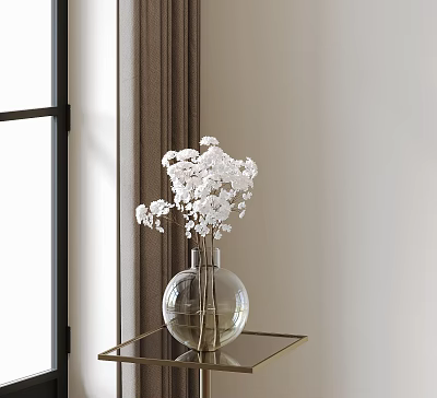 Clear Glass Vase With White Flowers On Gold Metal Table By Window Curtain 3d model