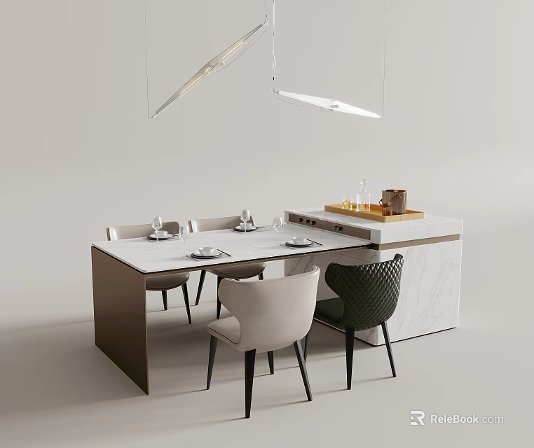 Modern Dining Table Set With Marble Top Chairs And Pendant Lights 3d model 