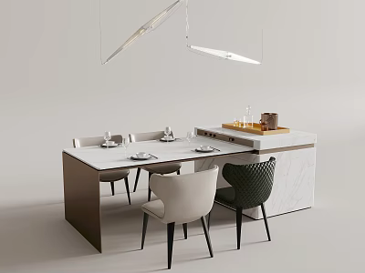 Modern Dining Table Set With Marble Top Chairs And Pendant Lights 3d model