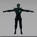 Detailed Mythical Character With Biological Armor And Glowing Blue Core Outstretched Arms