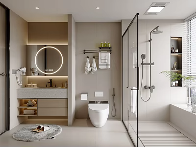 Modern Bathroom Interior Design With Round Mirror Vanity Glass Shower And Potted Plant 3d model